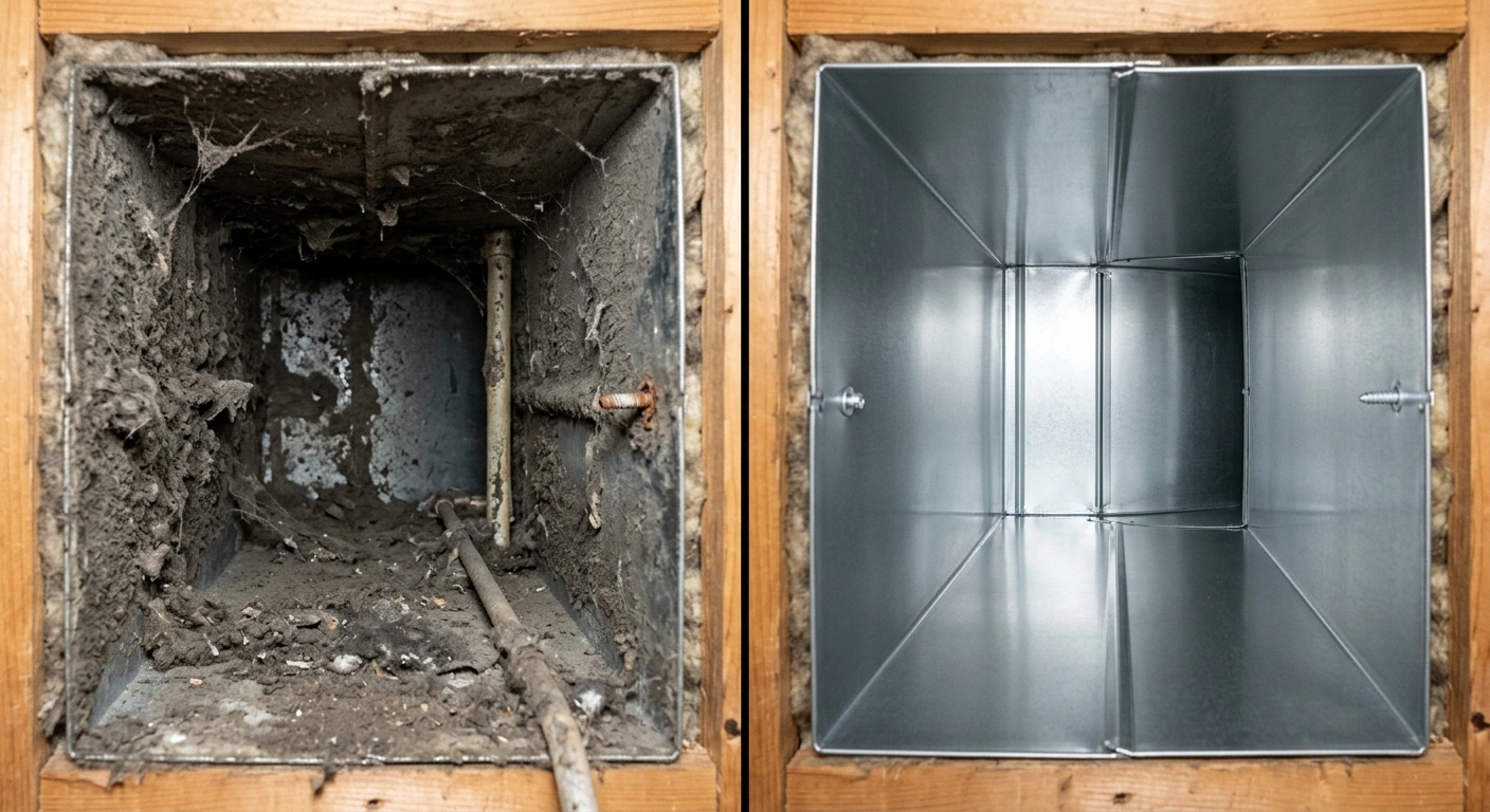 Before and after duct cleaning — heavy dust accumulation cleared from a return vent