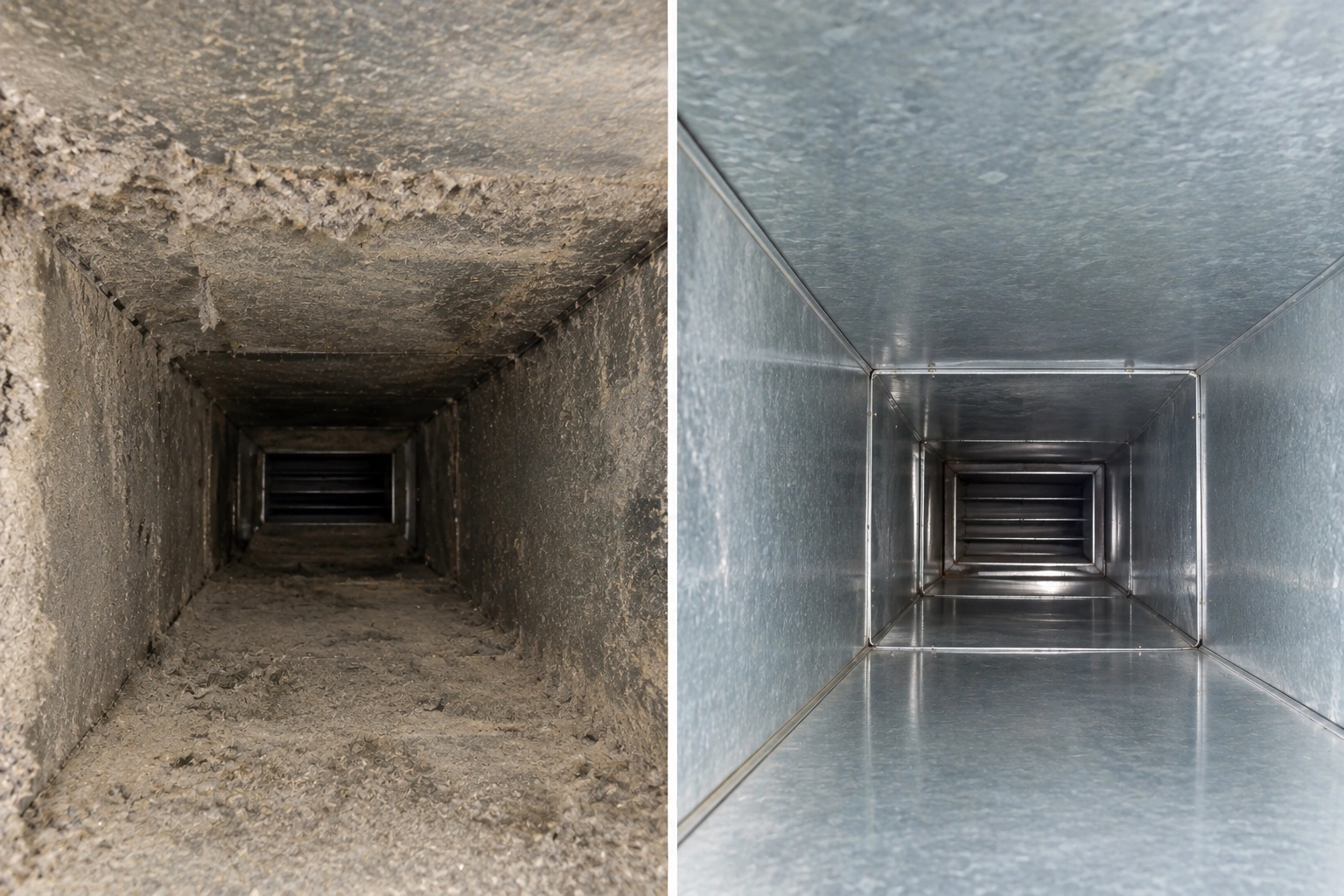 Before and after duct cleaning — main trunk line cleared of debris and pet dander