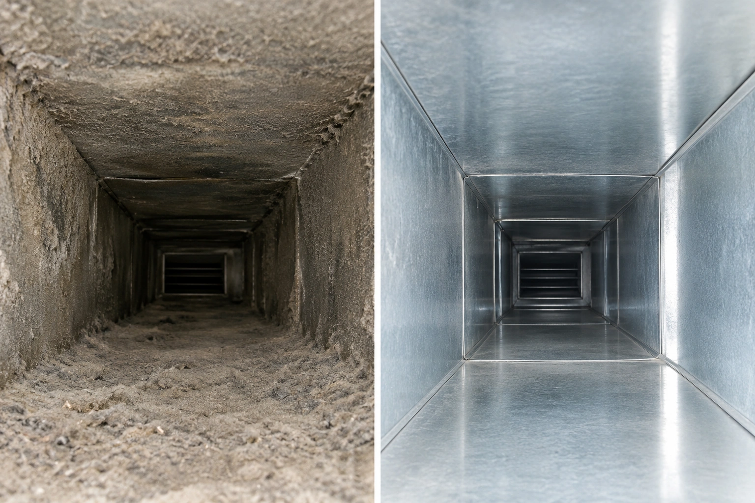 Before and after duct cleaning — register cleared of drywall dust after renovation